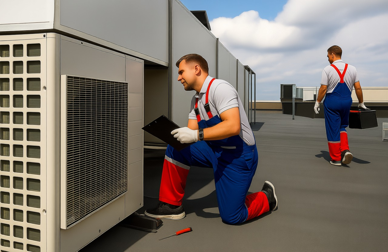 HVAC technicians servicing a rooftop unit