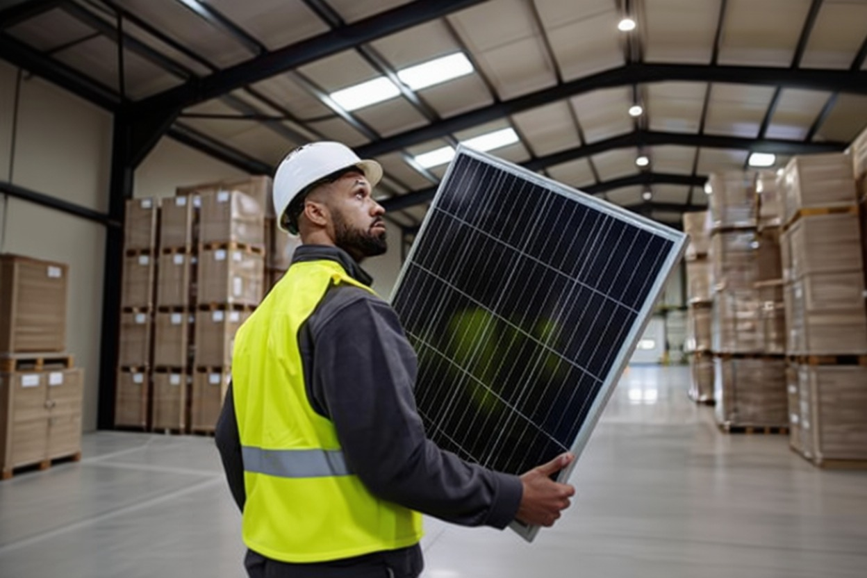 Technician carrying a solar panel in a warehouse
